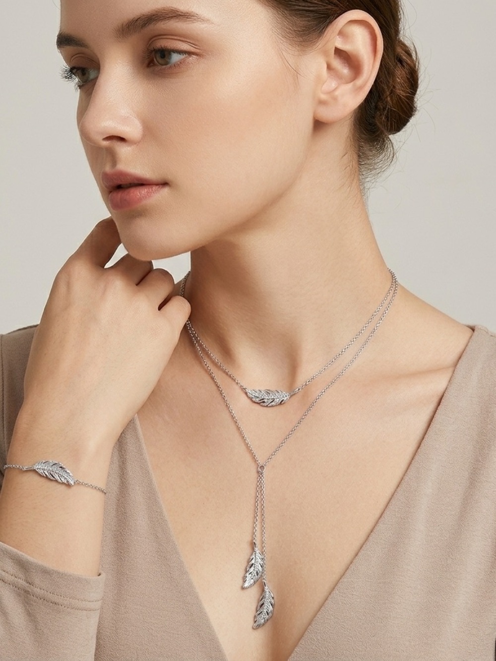 Feather Lariat double layer Necklace - gold plated, stainless steel
